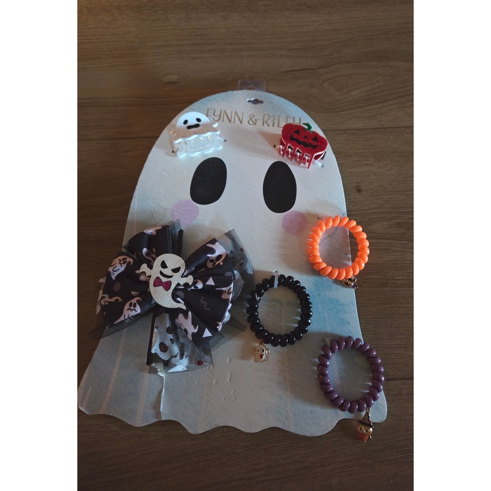 Fynn‎ & Riley Kids Halloween Hair Accessory Set Ghost Pumpkin Bow Clips Ties NEW